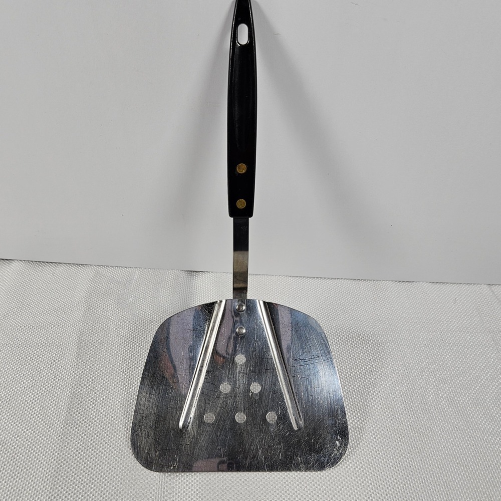 Vintage Stainless Steel USA Wide Perforated Spatula Turner Black‎ Handle 11.5in